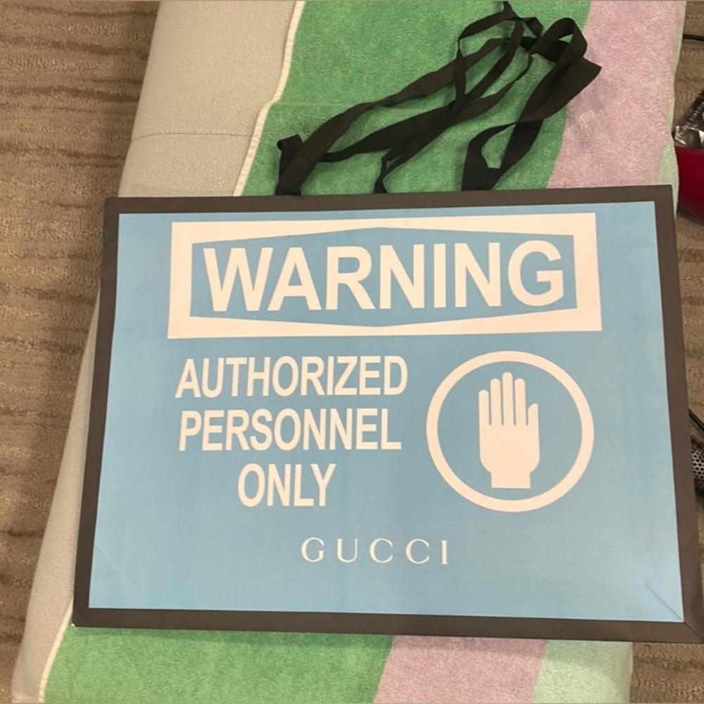 GUCCI Blue Warning Graphic Shopping Bag